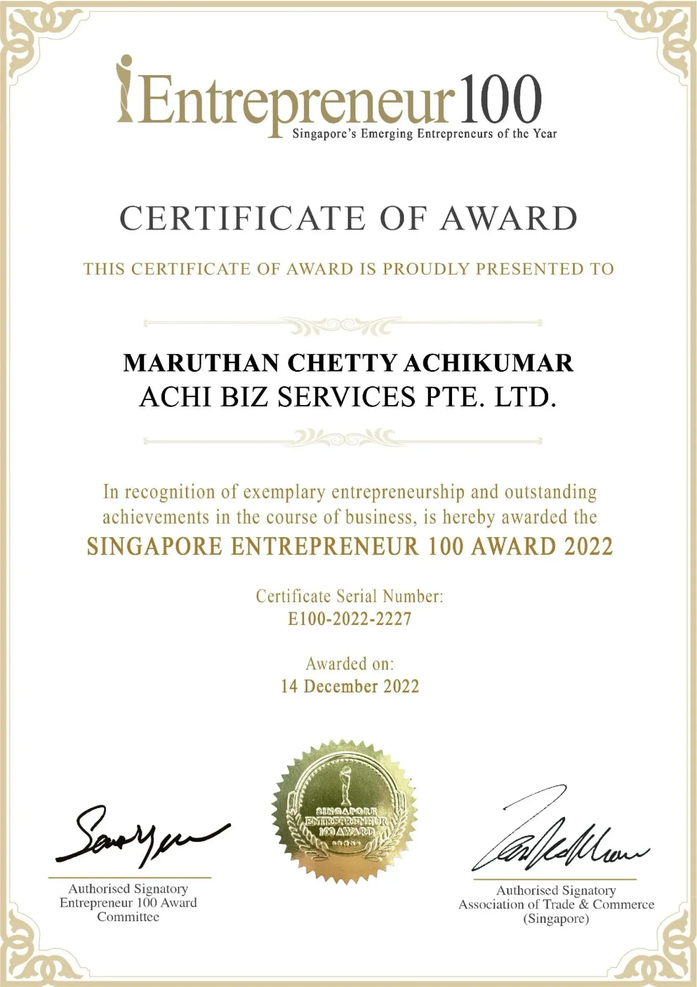 Singapore Entrepreneur 100 Award 2022 Official Certificate